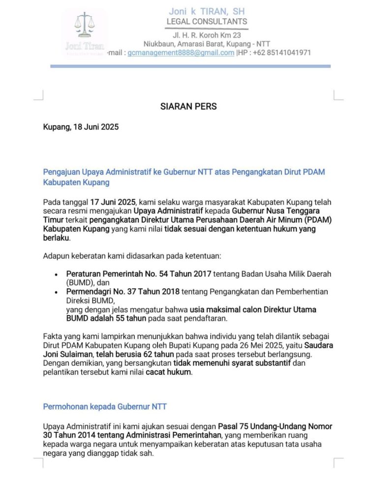 Warga Kabupaten Kupang Mengajukan Upaya Administratif kepada Gubernur NTT terkait Pengangkatan Direktur Utama PDAM Kabupaten Kupang, Joni Sulaiman, yang Dianggap tidak Memenuhi Syarat Substantif