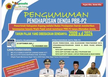 Pemkab Kupang melalui Badan Pendapatan Daerah (Bapenda) memberikan kesempatan kepada wajib pajak untuk membayar Pajak Bumi dan Bangunan Perdesaan dan Perkotaan (PBB-P2) tanpa dikenakan denda