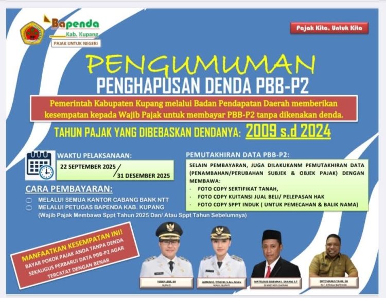 Pemkab Kupang melalui Badan Pendapatan Daerah (Bapenda) memberikan kesempatan kepada wajib pajak untuk membayar Pajak Bumi dan Bangunan Perdesaan dan Perkotaan (PBB-P2) tanpa dikenakan denda