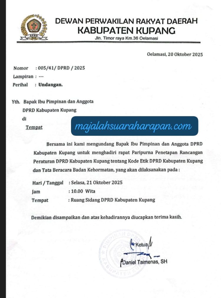 Surat Kembali Dikeluarkan Ditandatangani oleh Ketua DPRD Dalam Penetapan Kode Etik dan Tata Cara Beracara BK DPRD Kabupaten Kupang