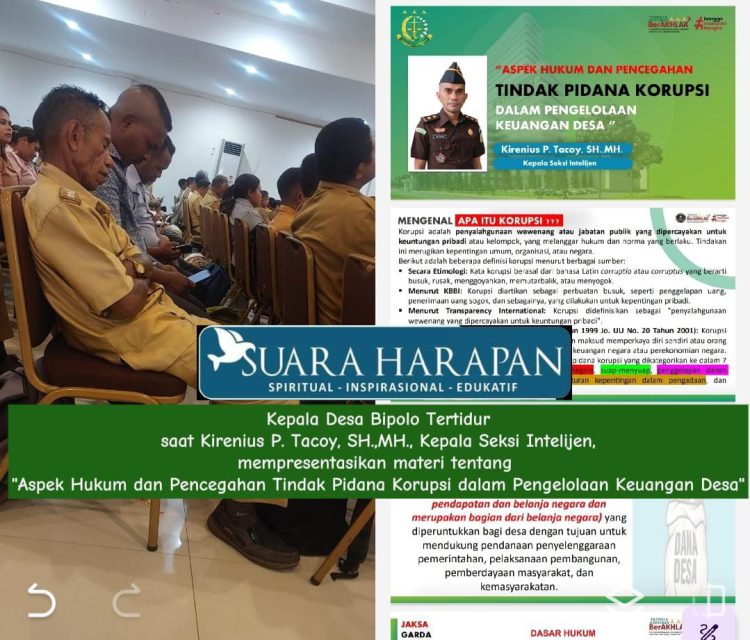 Kepala Desa Bipolo Tertidur saat Kirenius P. Tacoy, SH.,MH., Kepala Seksi Intelijen, Mempresentasikan materi “Aspek Hukum dan Pencegahan Tindak Pidana Korupsi dalam Pengelolaan Keuangan Desa”