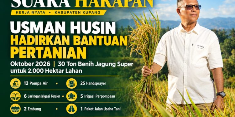 Kerja Nyata Usman Husin di Kabupaten Kupang: Oktober 2026, Bantuan 30 Ton Benih Jagung Super untuk 2.000 Hektar Lahan, 12 pompa air, 25 Handsprayer, Pembangunan 6 Jaringan Irigasi Tersier, 5 Irigasi Perpompaan, 2 Embung, 1 Paket Jalan Usaha Tani